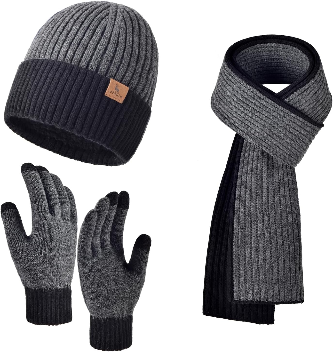 Men Women Winter Beanie Hats Scarf with Touchscreen Gloves Warm Knit Themal Gloves Long Scarf Set with Fleece Lined